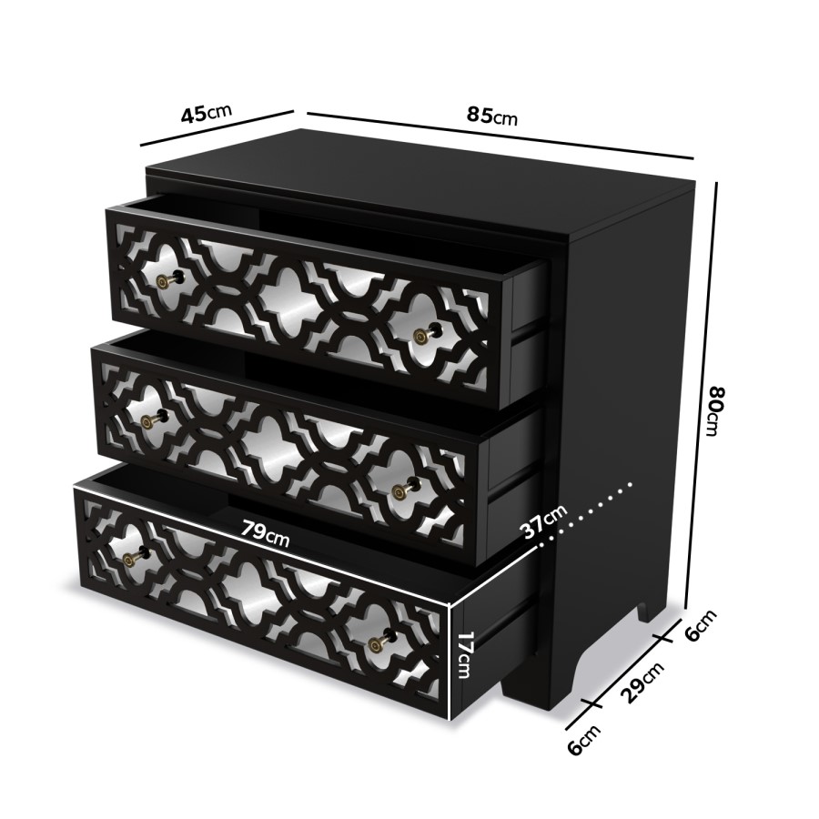 GRADE A2 - Alexis Mirrored 3 Drawer Chest of Drawers in Black with Carved Detail