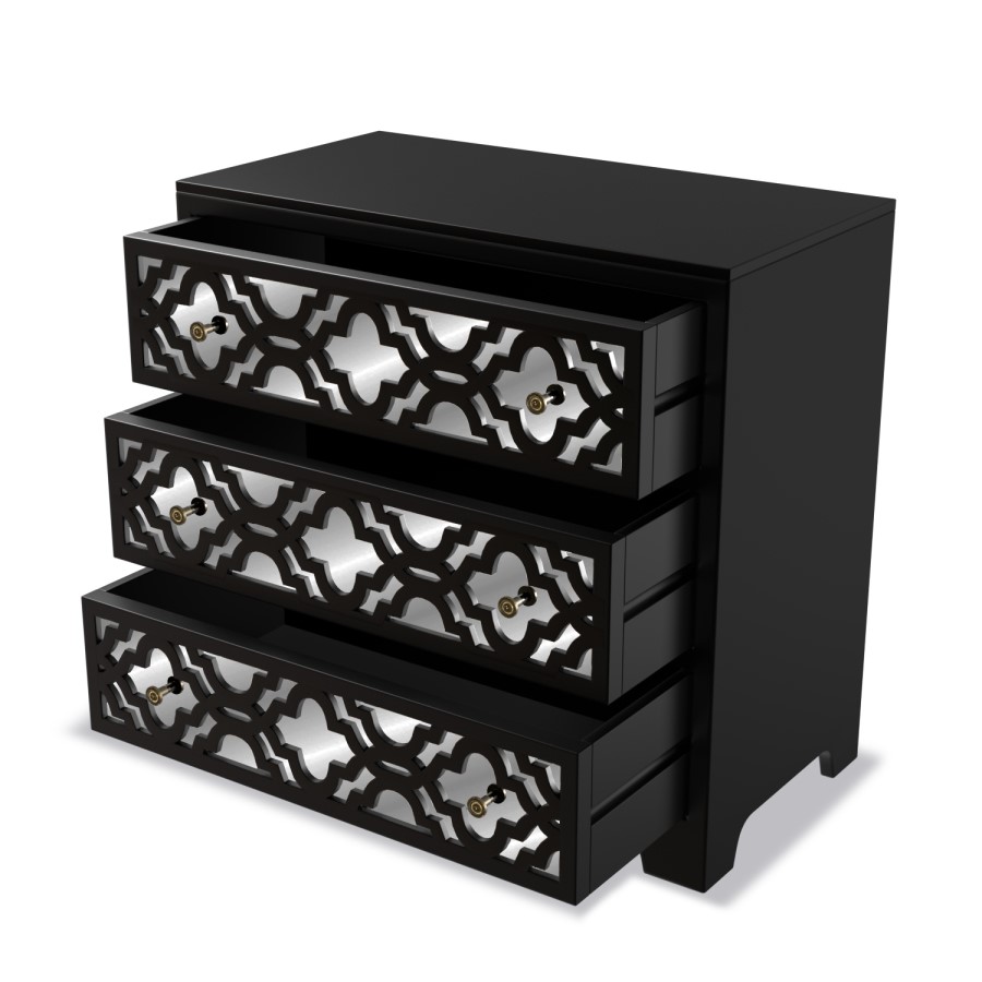 GRADE A2 - Alexis Mirrored 3 Drawer Chest of Drawers in Black with Carved Detail