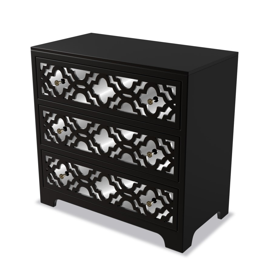 GRADE A2 - Alexis Mirrored 3 Drawer Chest of Drawers in Black with Carved Detail