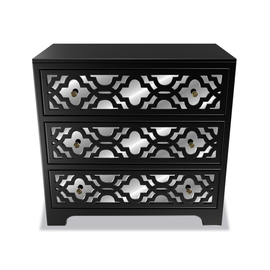 GRADE A2 - Alexis Mirrored 3 Drawer Chest of Drawers in Black with Carved Detail