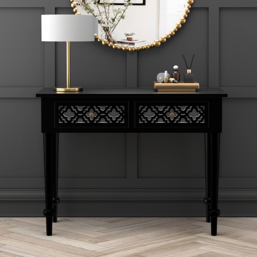 GRADE A1 - Alexis Mirrored Dressing Table in Black with Carved Detail
