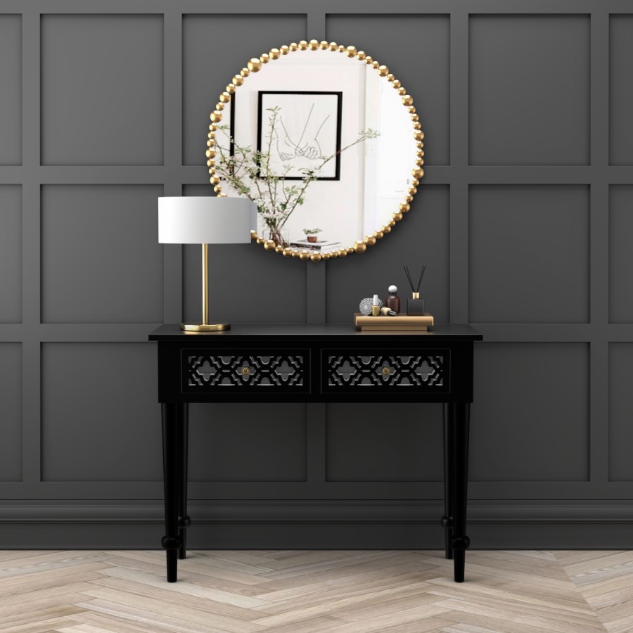 GRADE A1 - Alexis Mirrored Dressing Table in Black with Carved Detail