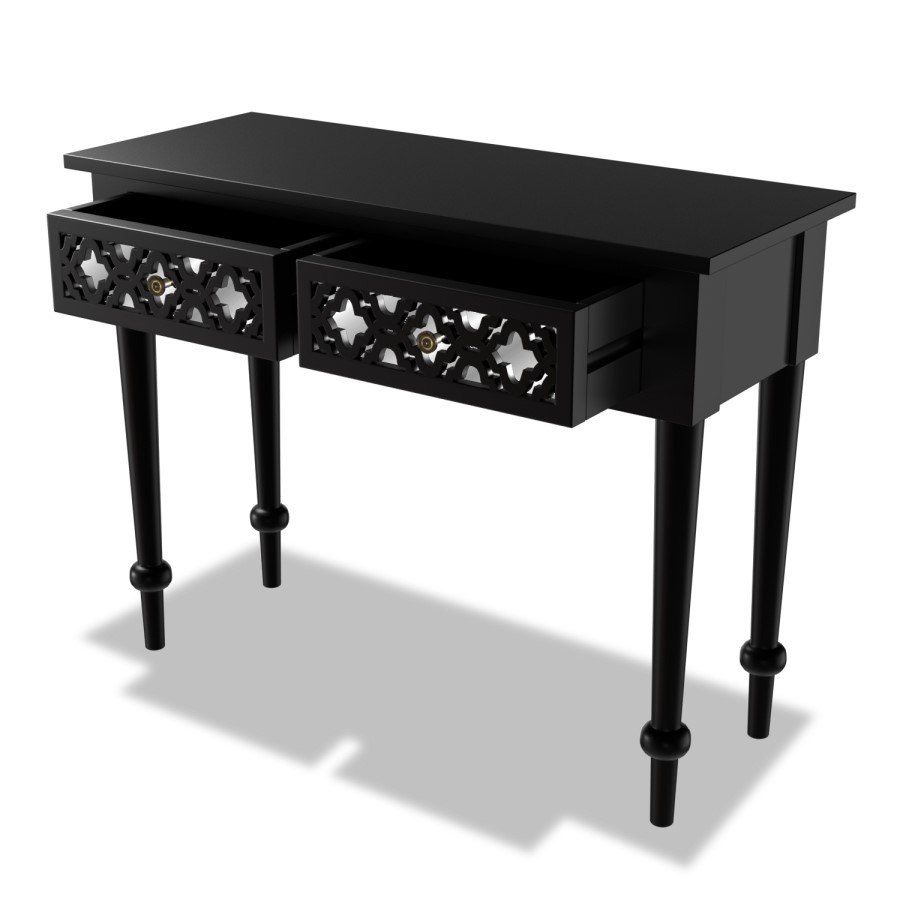 GRADE A1 - Alexis Mirrored Dressing Table in Black with Carved Detail