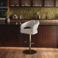 Beige Upholstered Adjustable Swivel Bar Stool with Brass Base - Azalea
