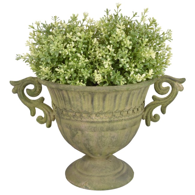Small Aged Metal Round Green Urn