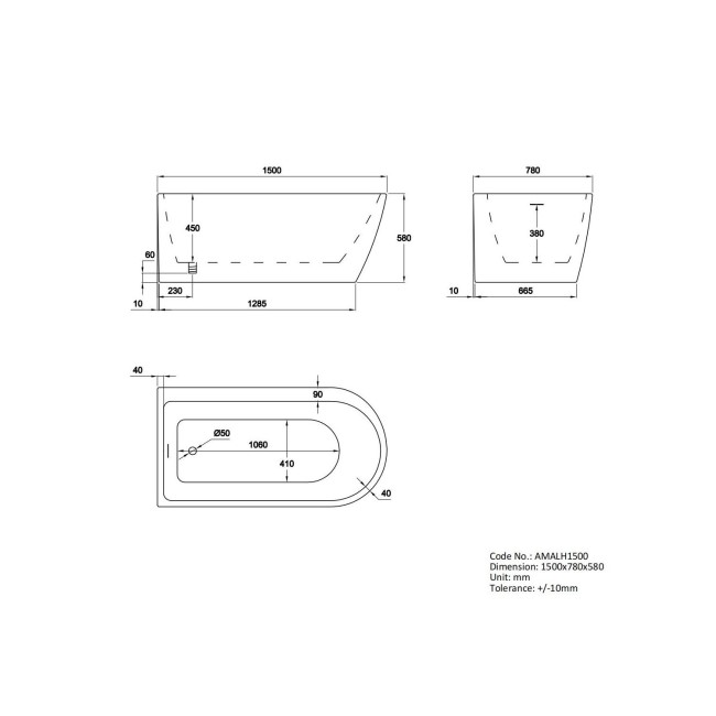 Freestanding Shower Bath Single Ended Left Hand Corner with Chrome Bath Screen 1500 x 800mm - Amaro