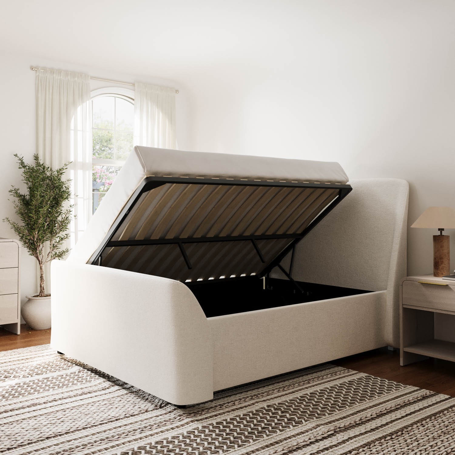 Cream Upholstered Double Side-Lift Ottoman Bed - Amelia - Furniture123