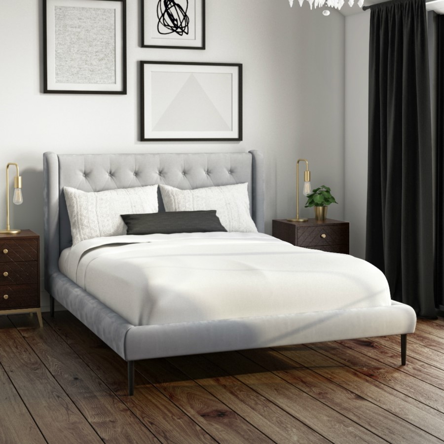 Grey Velvet Upholstered Mid-Century Double Bed Frame - Amara