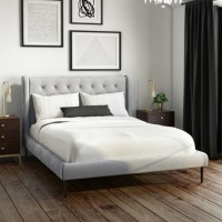 Grey Velvet Upholstered Mid-Century Double Bed Frame - Amara