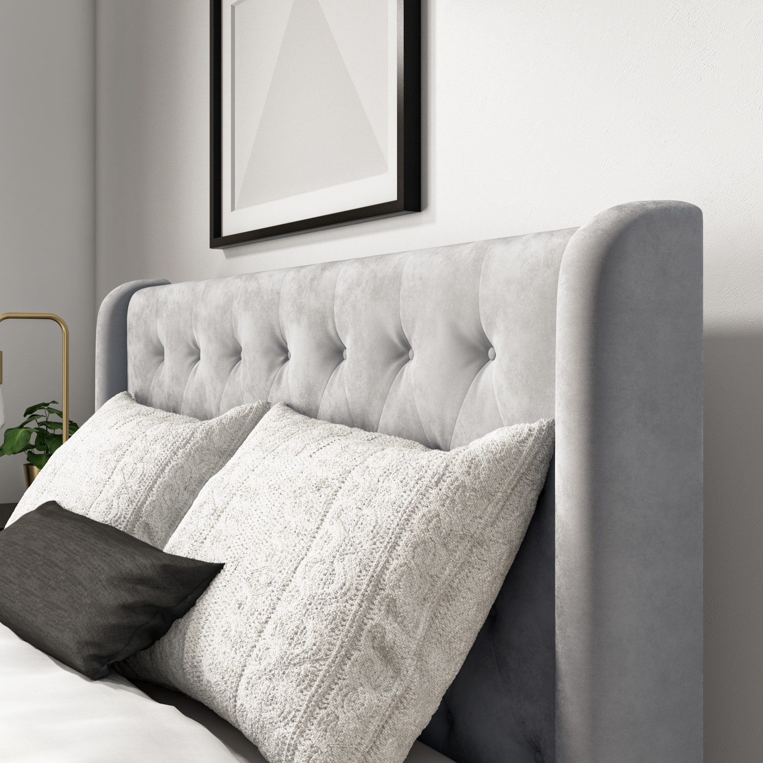 Light Grey Velvet Double Bed Frame With, Grey Bed Frame Wood