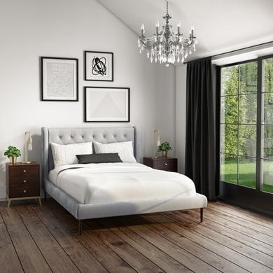 Mid Century Modern Double Bed Frame In, Light Grey Headboard Full Length Mirrored