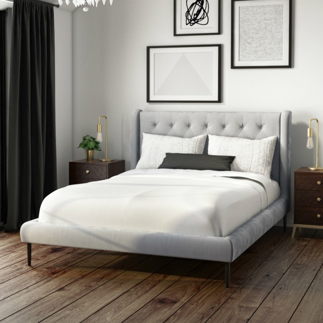 Grade A1 Amara King Size Bed Frame In Silver Grey Velvet With Quilted Headboard Furniture123