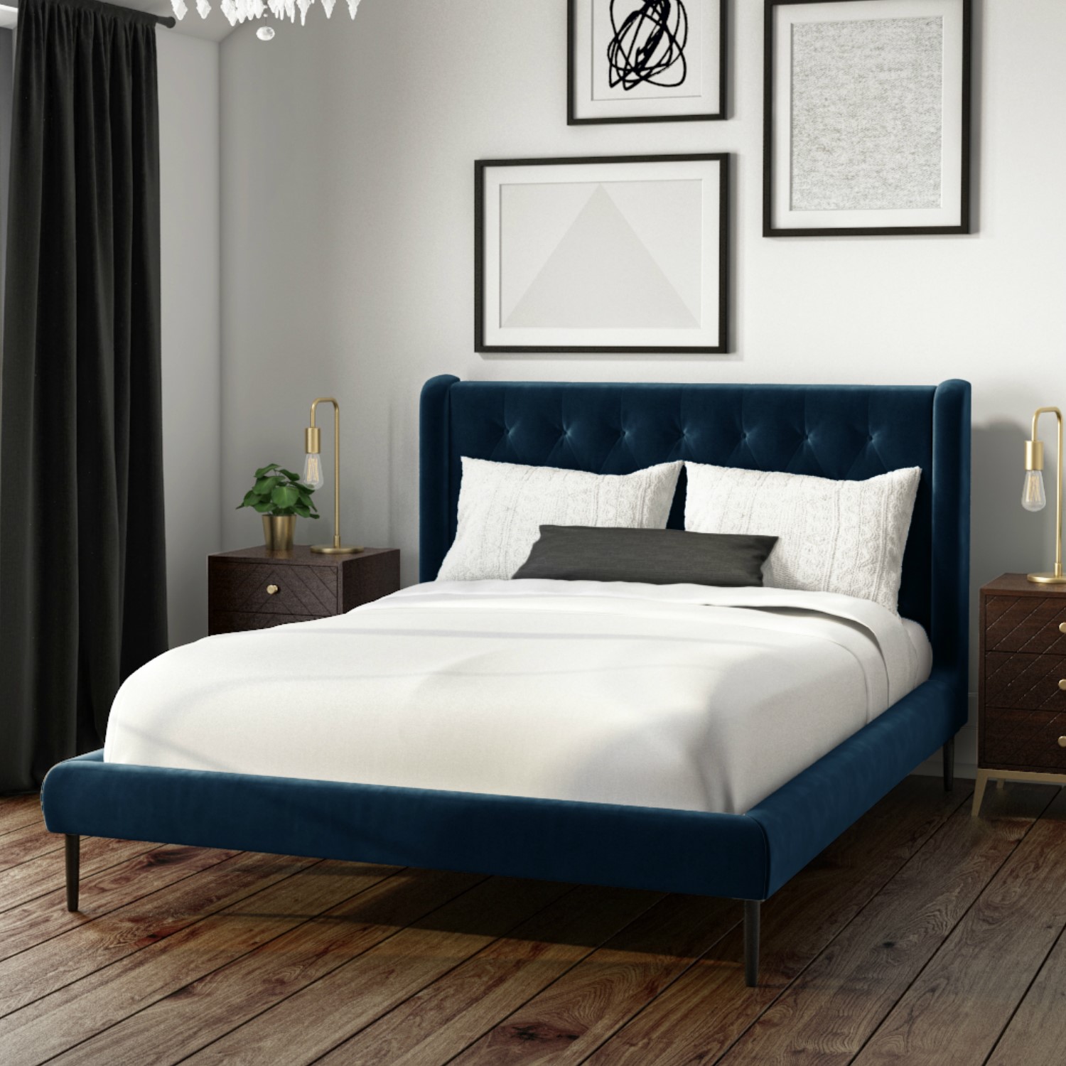 GRADE A1 - Amara Double Bed Frame in Navy Blue Velvet with Quilted ...