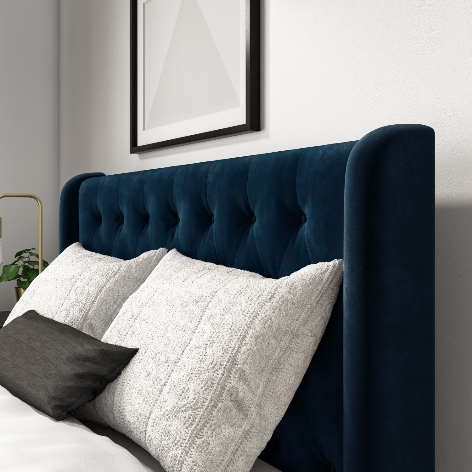 Amara Double Bed Frame In Navy Blue, Blue Headboard Bed