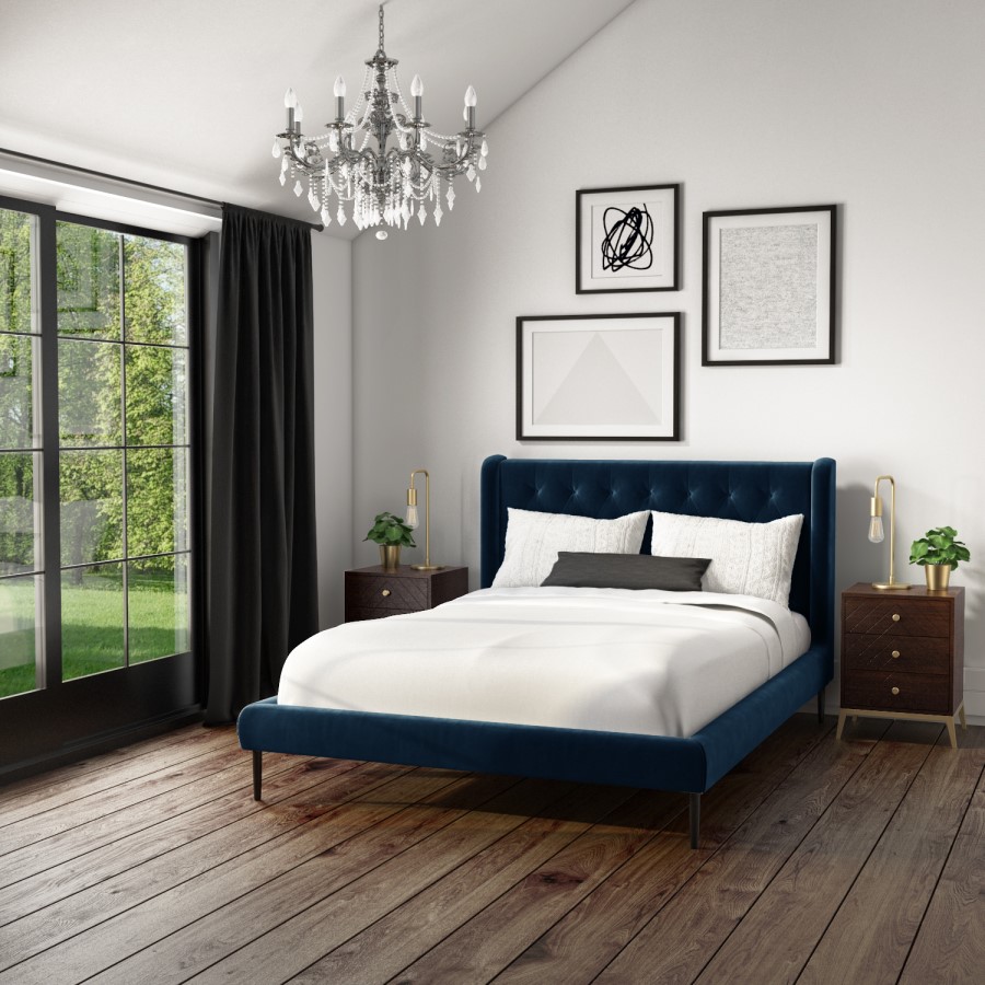 GRADE A1 - Amara King Size Bed Frame in Navy Blue Velvet with Quilted Headboard