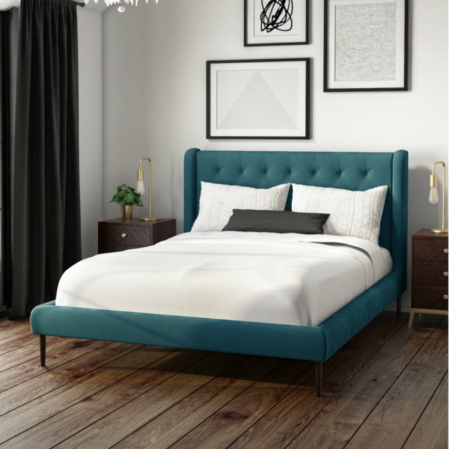 GRADE A1 - Amara Double Bed Frame in Teal Velvet with Quilted Headboard