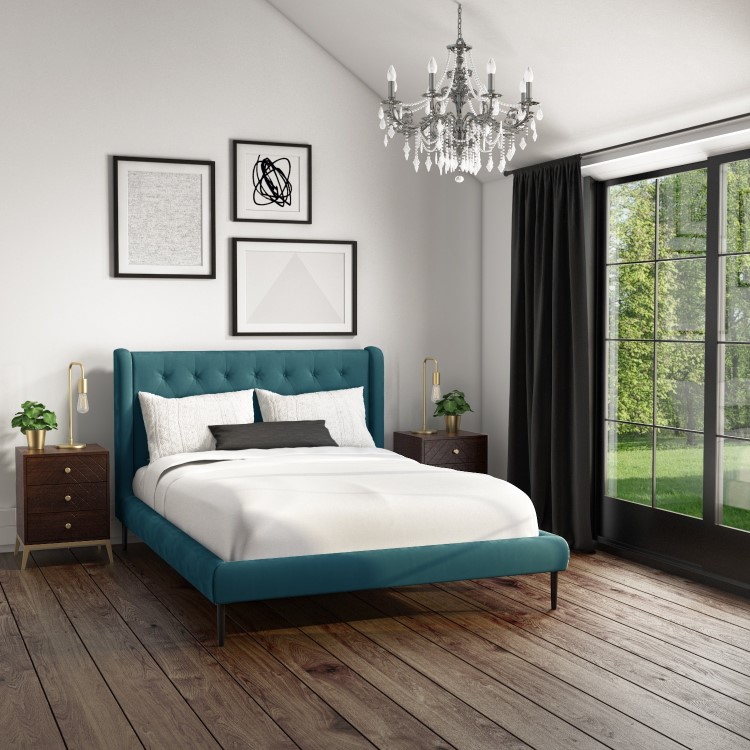 Teal Velvet Mid-Century Double Bed Frame - Amara