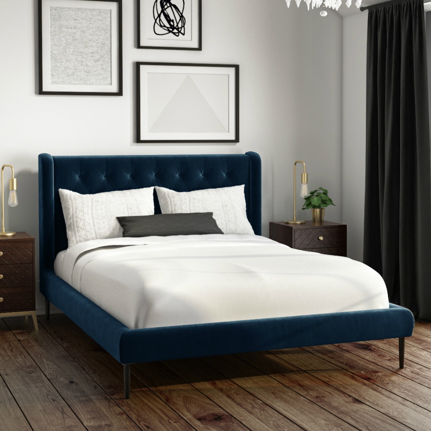 Navy Velvet Small Double Bed Frame With, Double Bed Padded Headboard