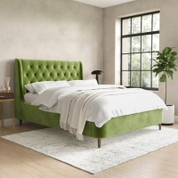 ALMOST PERFECT - Olive Green Velvet Double Ottoman Bed with Legs - Amara ALMOST PERFECT - Olive Green Velvet Double Ottoman Bed with Legs - Amara