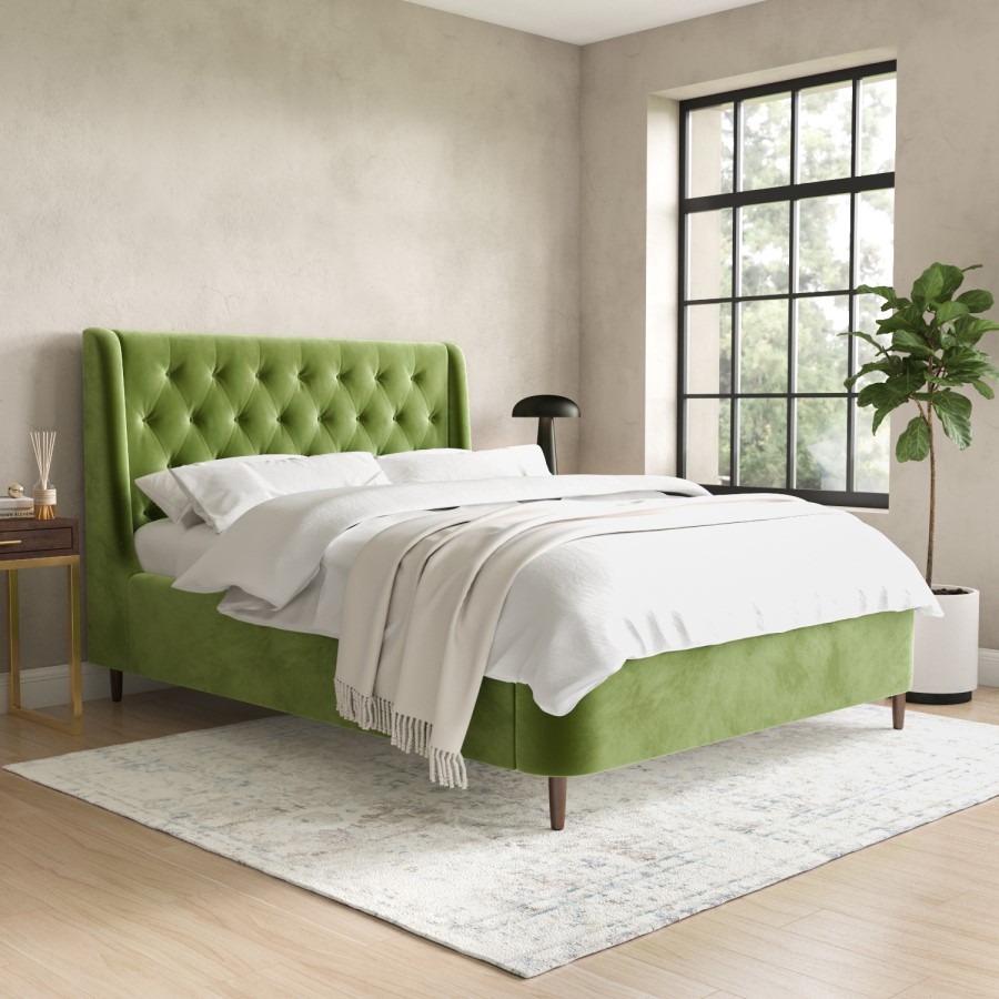 ALMOST PERFECT - Olive Green Velvet Double Ottoman Bed with Legs - Amara