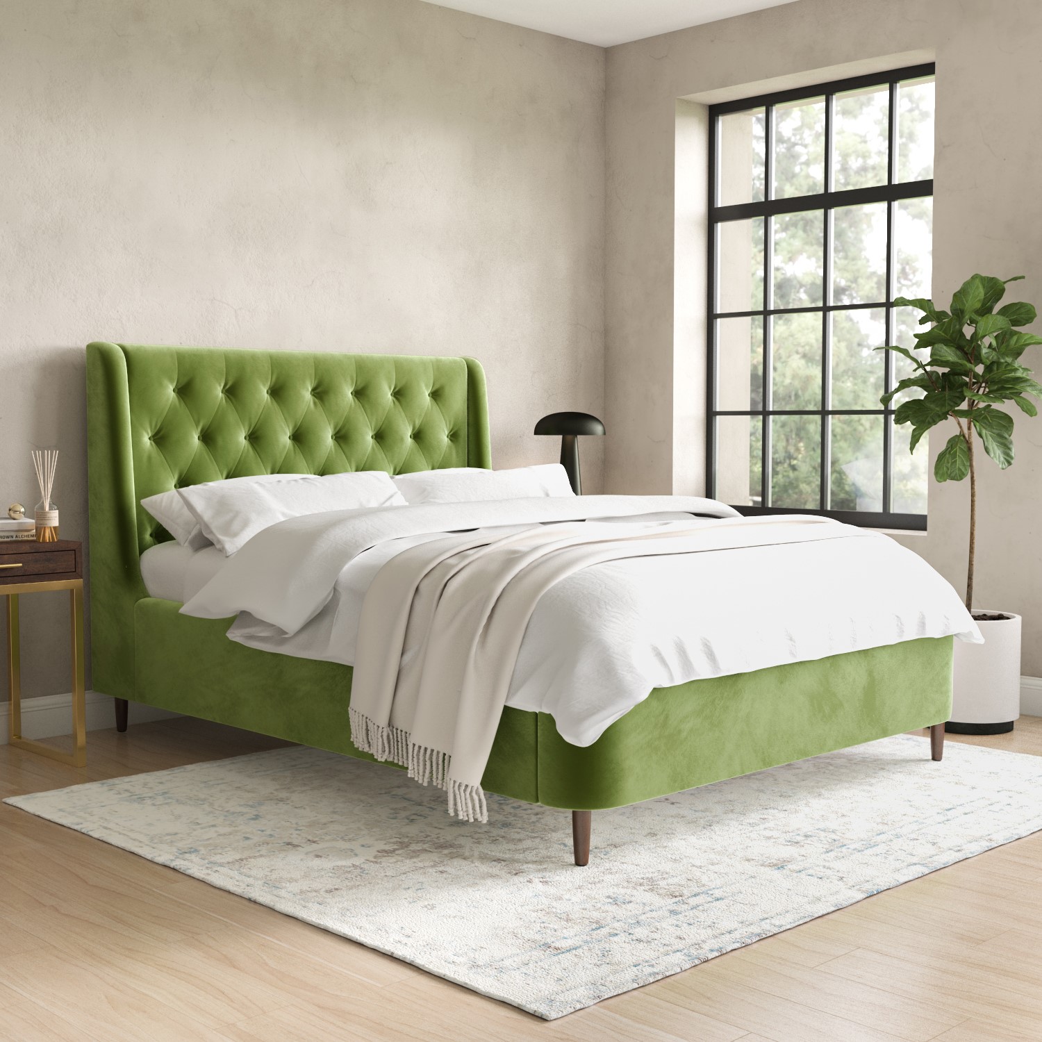 Photo of Olive green velvet king size ottoman bed with legs - amara