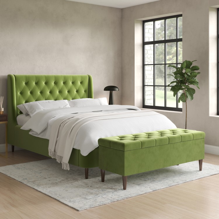 Olive Green Velvet King Size Ottoman Bed with Legs - Amara