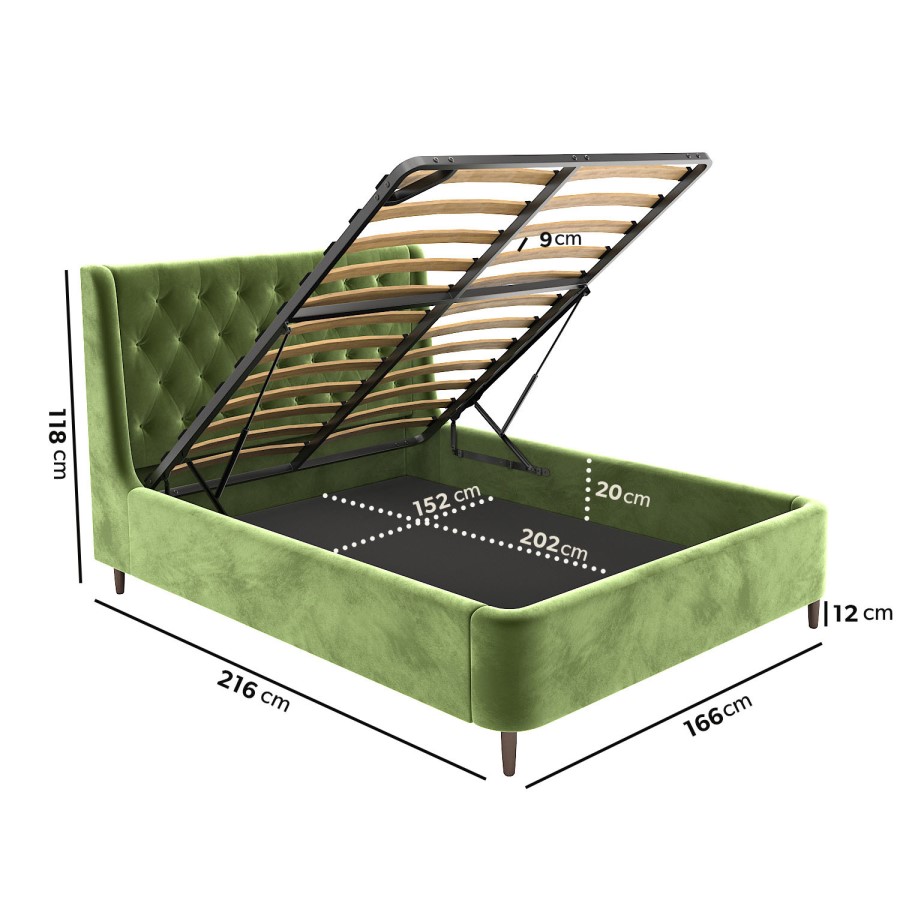 ONLY OPENED - Olive Green Velvet King Size Ottoman Bed with Legs - Amara