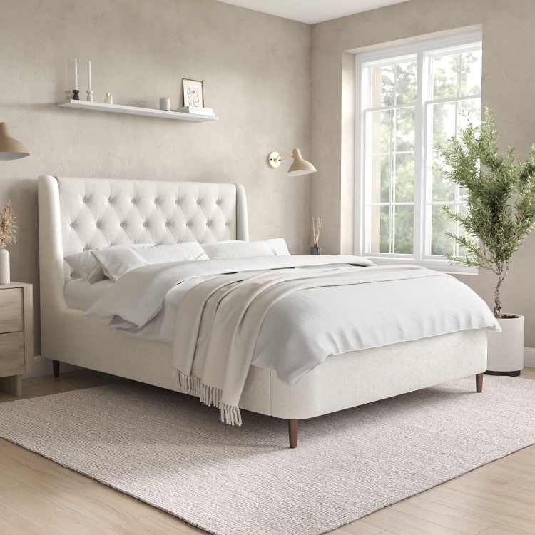 Cream Upholstered Double Ottoman Bed with Legs - Amara