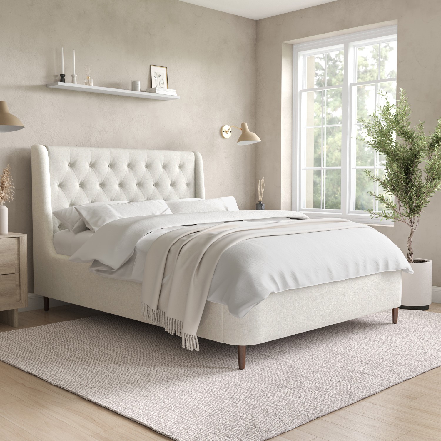 Photo of Cream fabric double ottoman bed with legs - amara