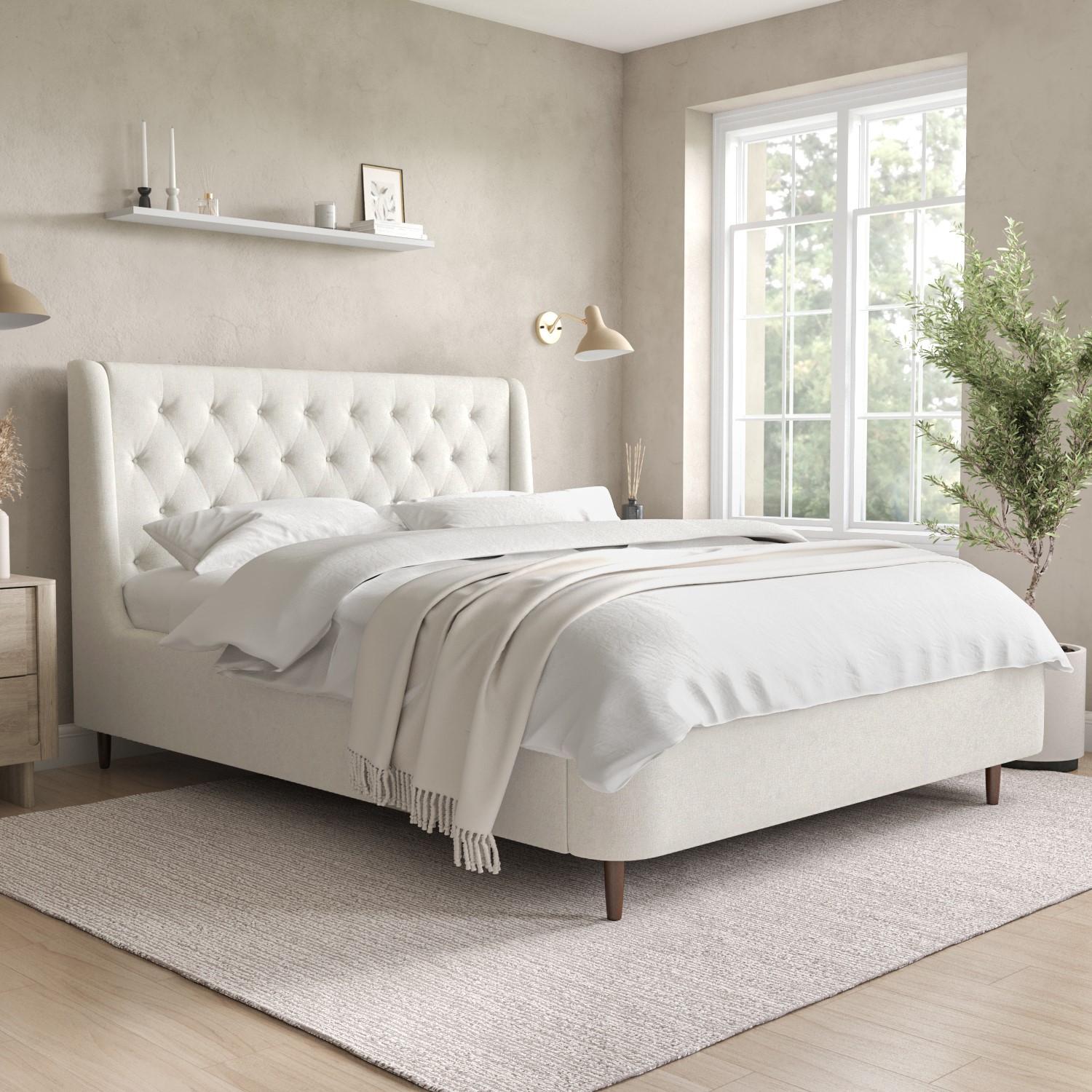 Photo of Cream fabric king size ottoman bed with legs - amara
