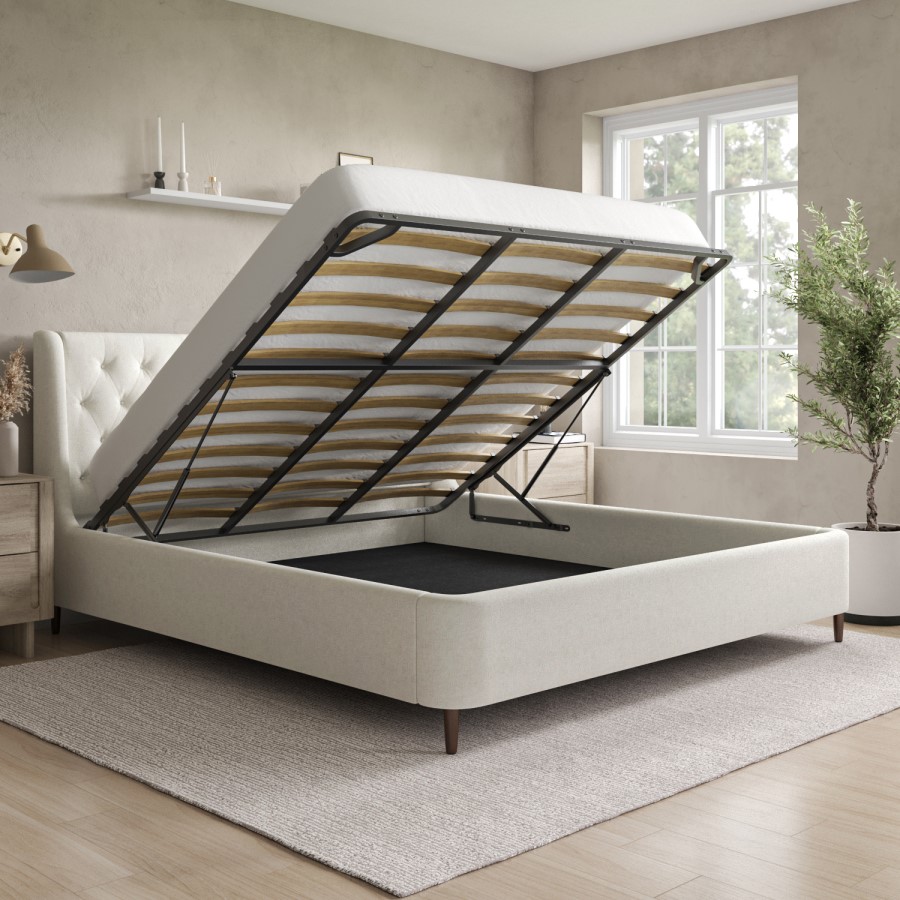 ONLY OPENED - Cream Fabric Super King Ottoman Bed with Legs - Amara