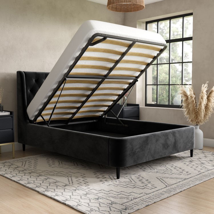 Black Velvet Double Ottoman Bed with Legs - Amara