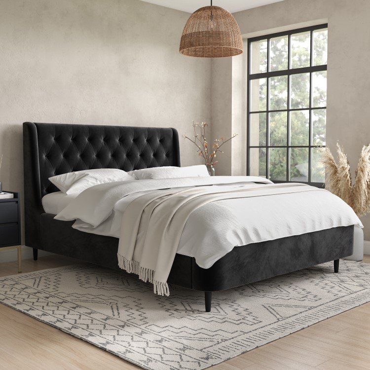 Black Velvet King Size Ottoman Bed with Legs - Amara