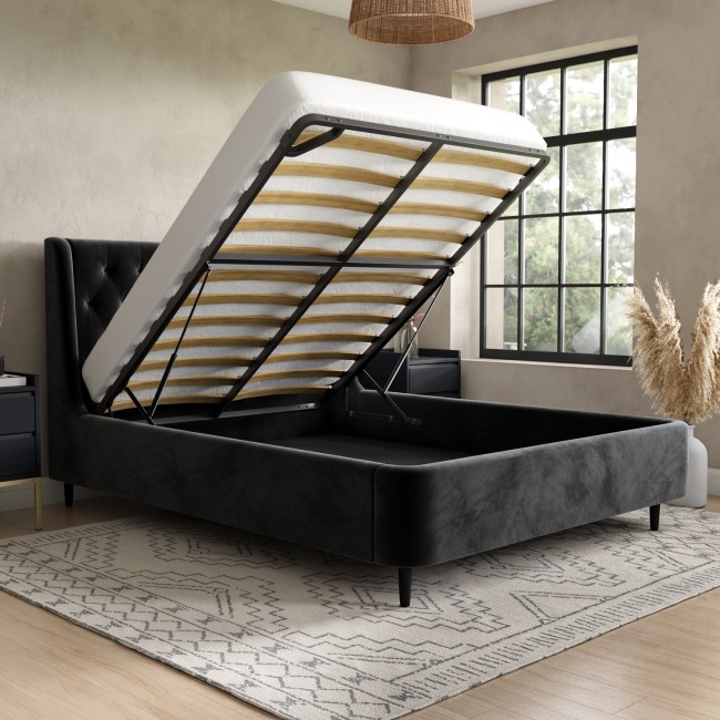 Black Velvet King Size Ottoman Bed with Legs - Amara