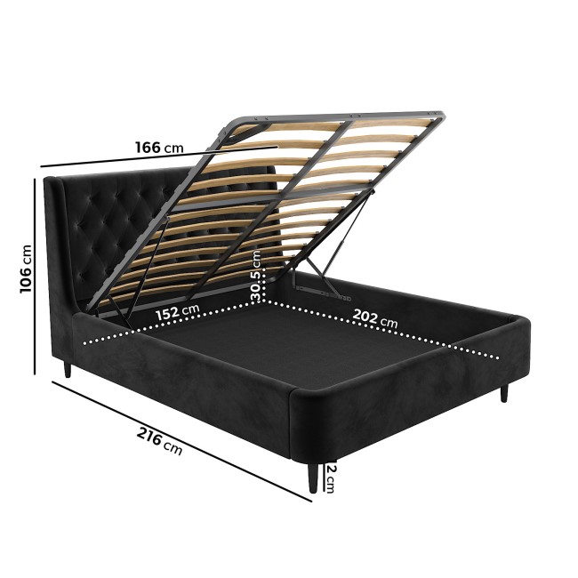 Black Velvet King Size Ottoman Bed with Blanket Box - Amara