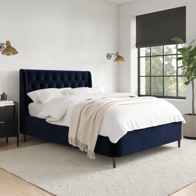 Navy Velvet Double Ottoman Bed With Legs - Amara