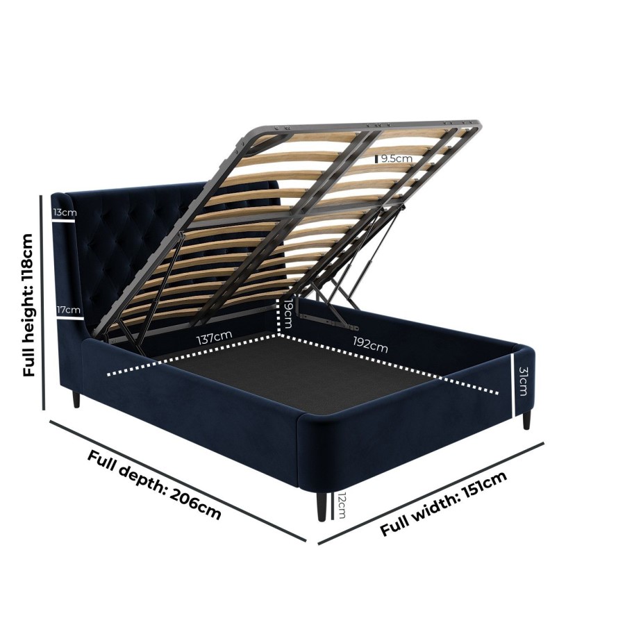 Navy Velvet Double Ottoman Bed With Legs - Amara