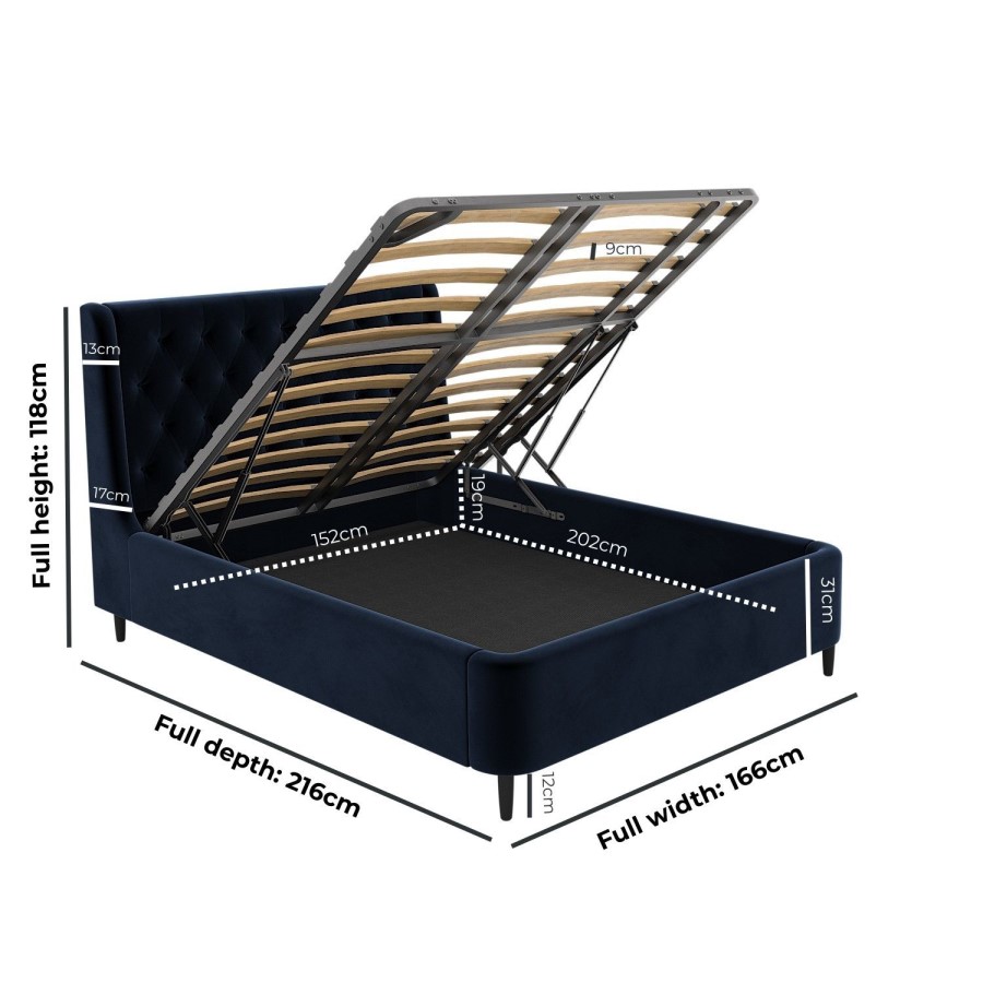 Navy Velvet King Size Ottoman Bed With Legs - Amara