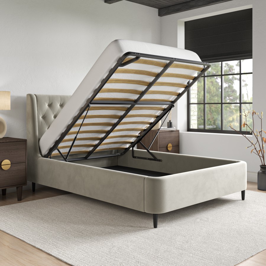 ONLY OPENED - Beige Velvet Double Ottoman Bed With Legs - Amara