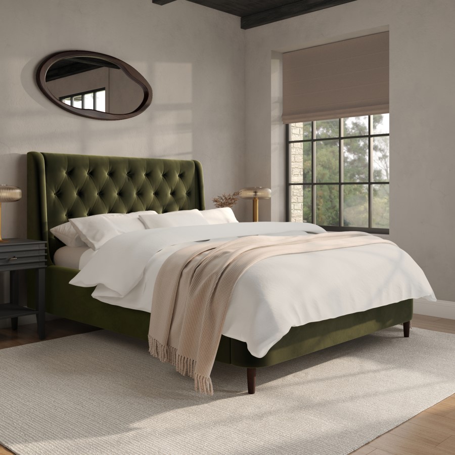 Olive Green Velvet Double Ottoman Bed With Legs - Amara