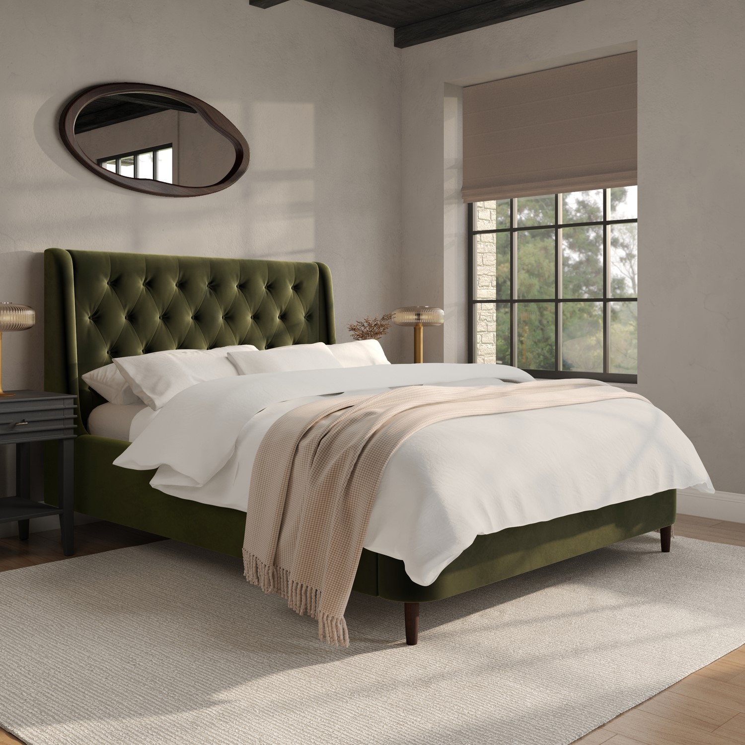 Olive Green Velvet Double Ottoman Bed Legs