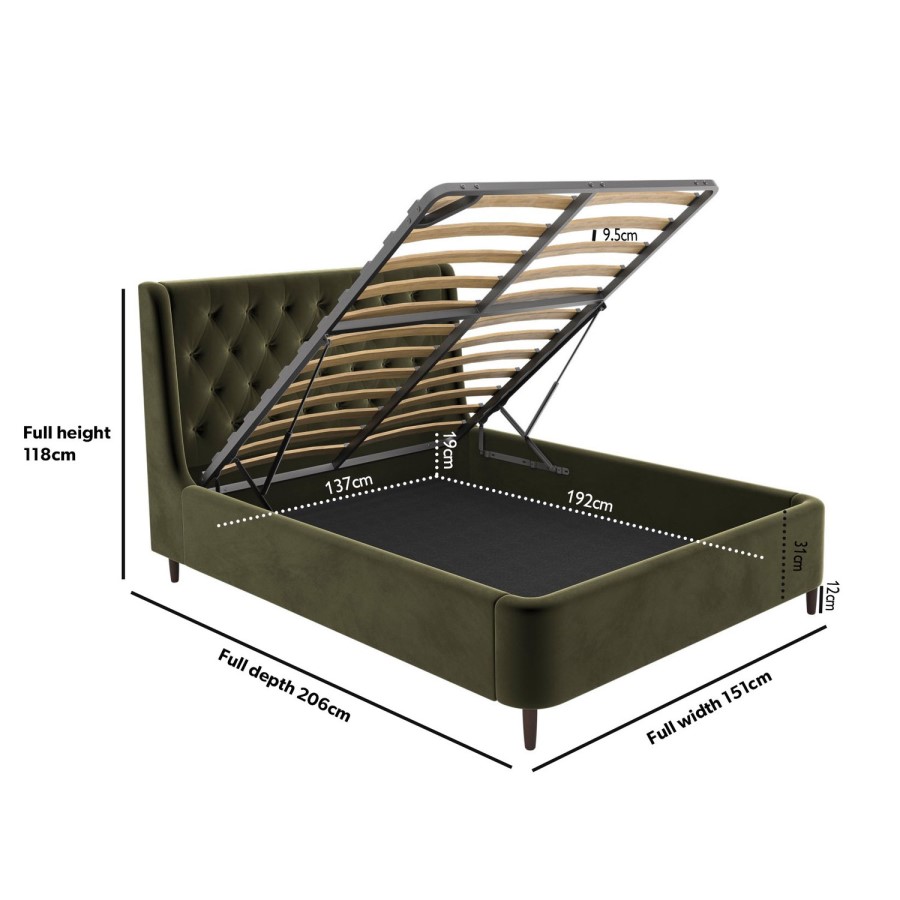 Olive Green Velvet Double Ottoman Bed With Legs - Amara