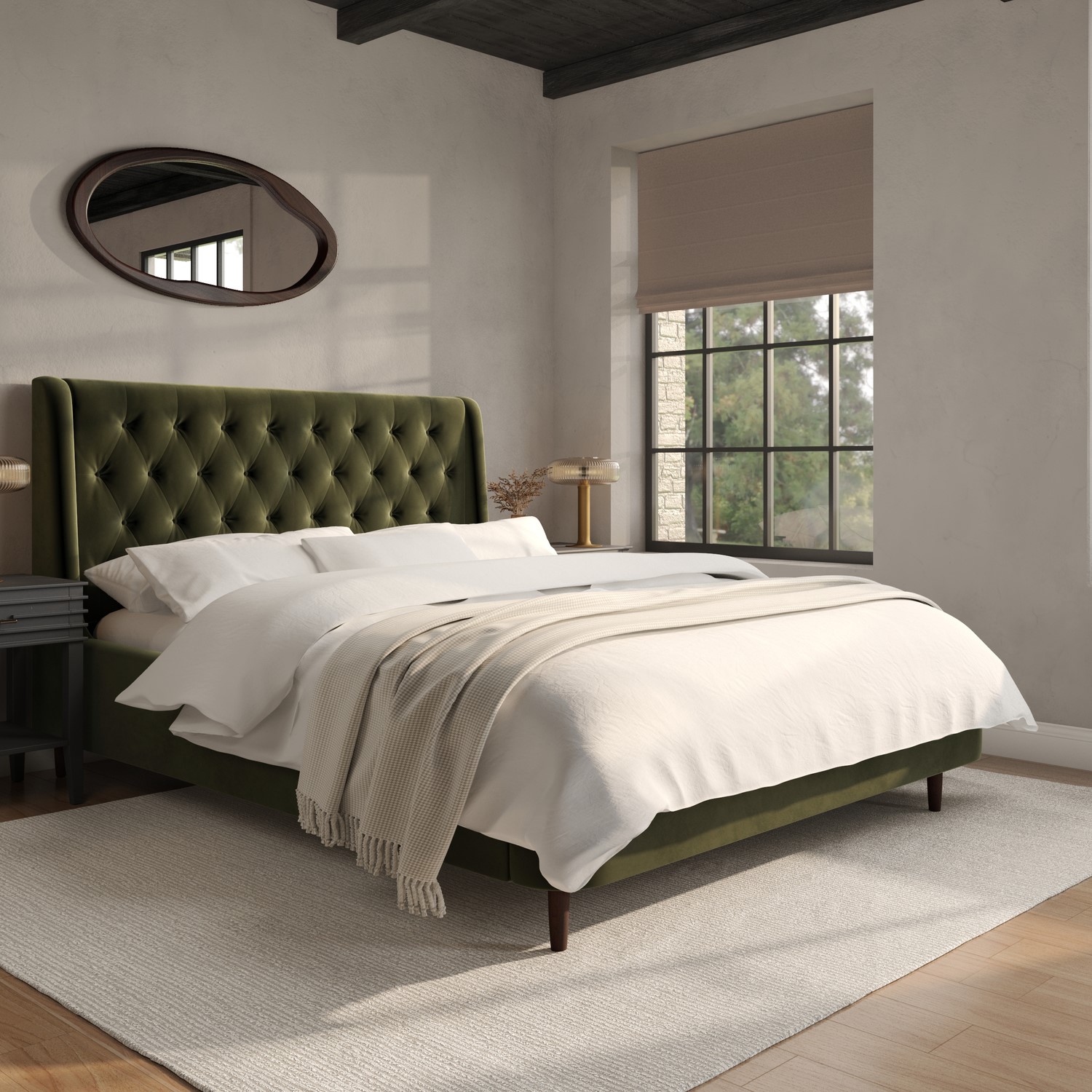 Olive Green Velvet King Ottoman Bed Legs