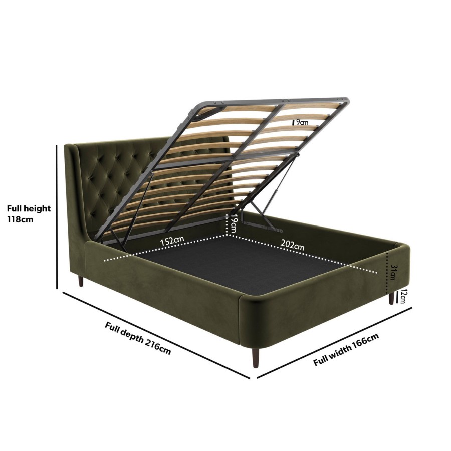 Olive Green Velvet King Size Ottoman Bed With Legs - Amara