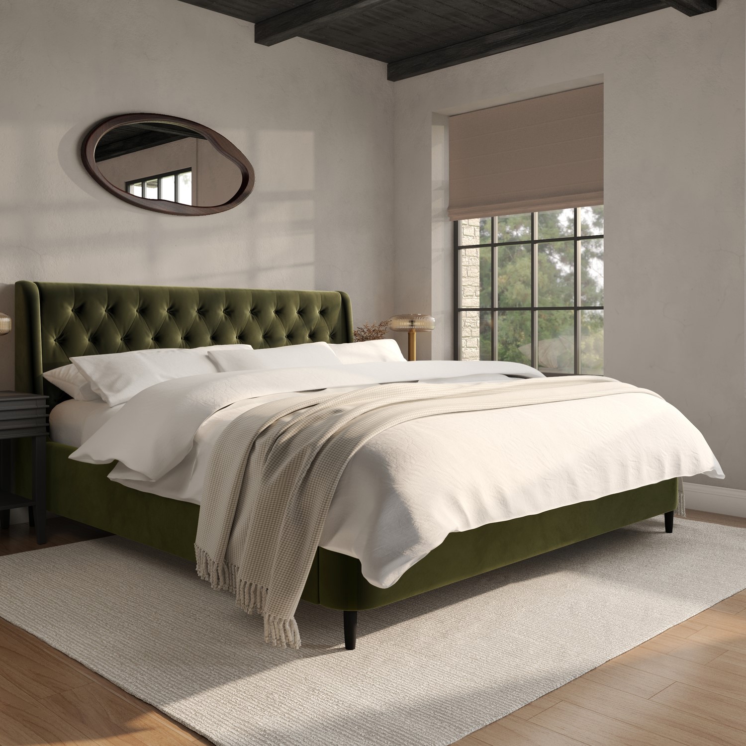 Olive Green Velvet Super King Ottoman Bed Legs
