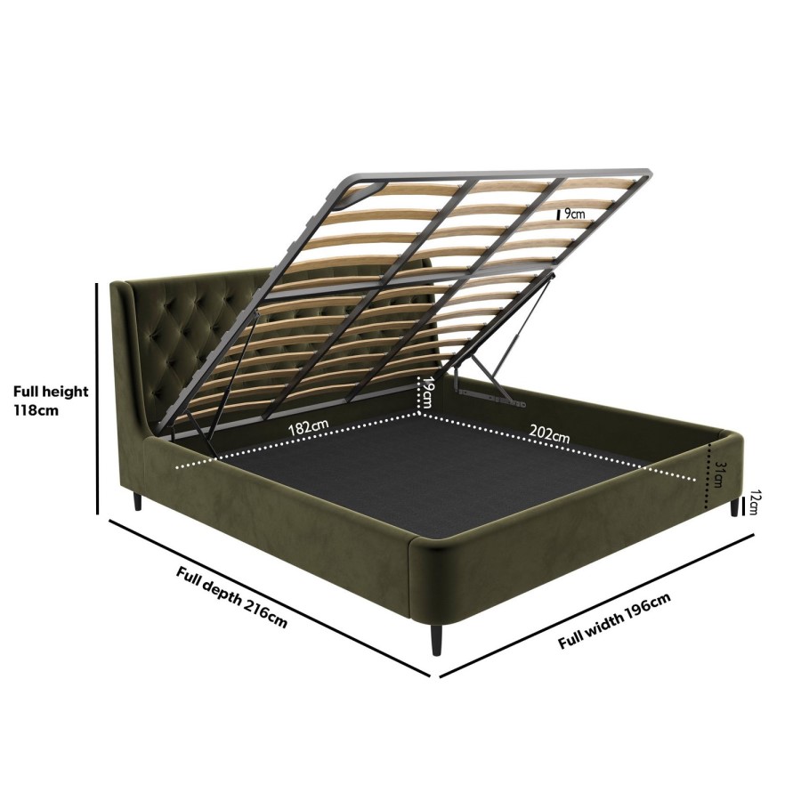 Olive Green Velvet Super King Ottoman Bed With Legs - Amara