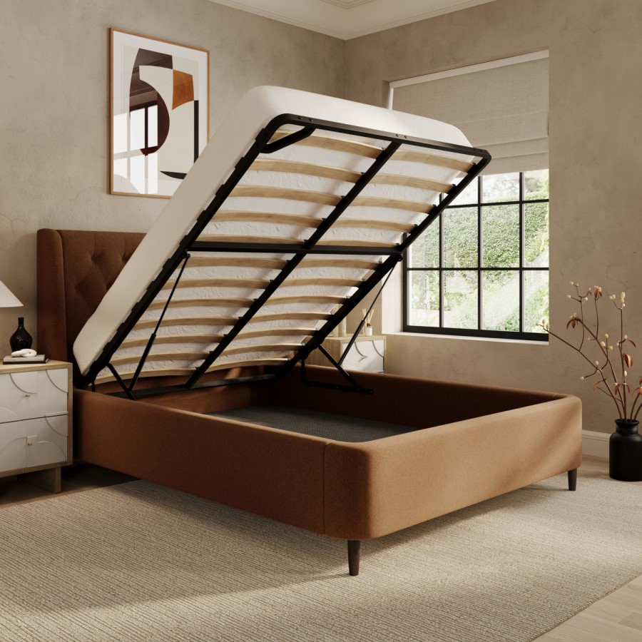Burnt Orange Chenille Double Ottoman Bed With Legs - Amara