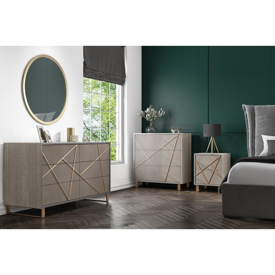 GRADE A1 - Anastasia 2 Drawer Bedside Table in Taupe with Brass Painted Wooden Trim