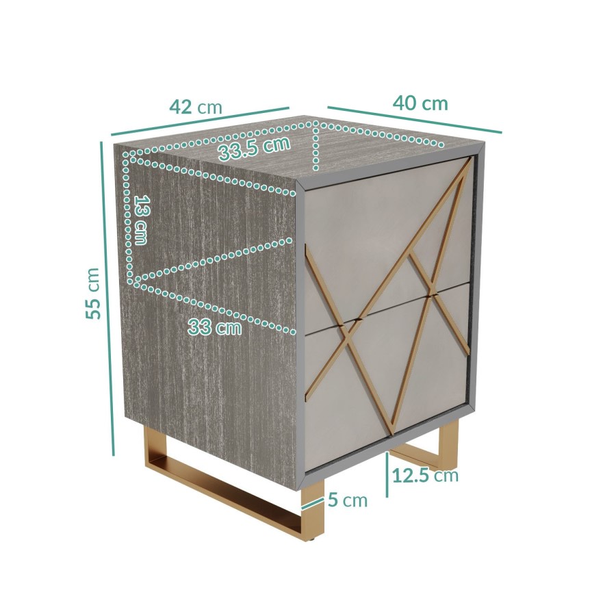 GRADE A1 - Anastasia 2 Drawer Bedside Table in Taupe with Brass Painted Wooden Trim