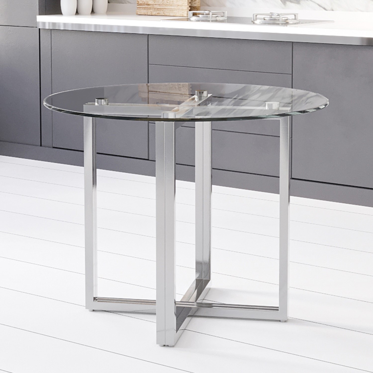 Photo of Round glass dining table with mirrored legs - seats 4 - alana boutique